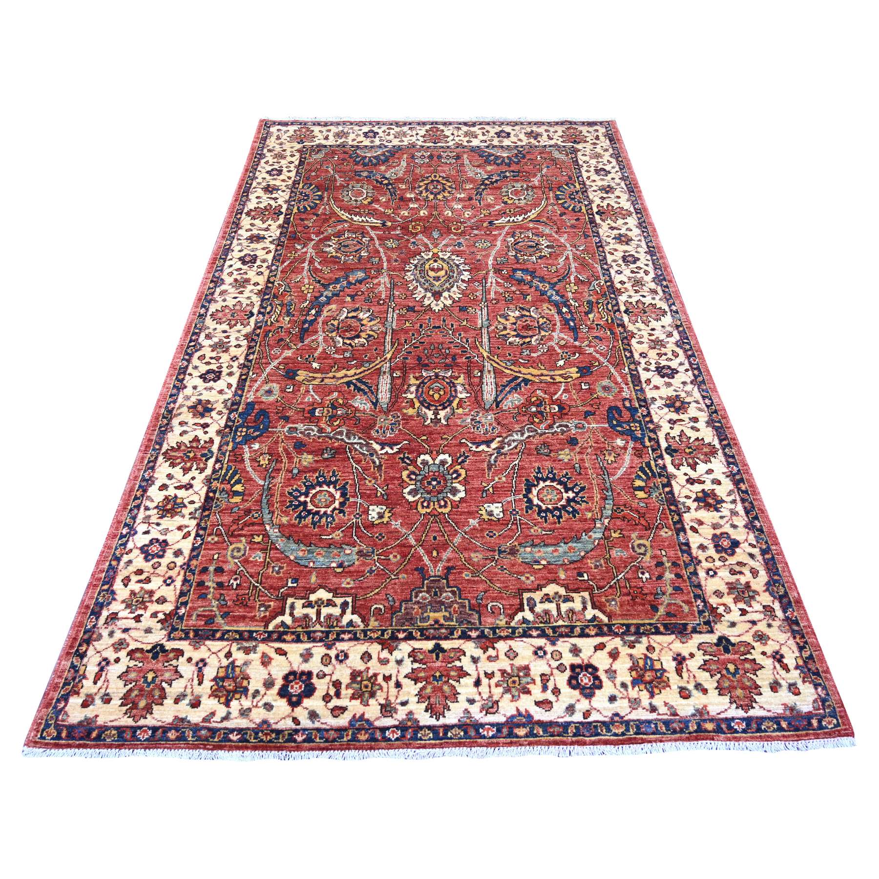 5'x8'2" Prismatic Red, Aryana Grade, Sickle Leaf Design, Vegetable Dyes, Pure Wool, Hand Knotted, Soft Pile, Densely Woven, Oriental Rug 